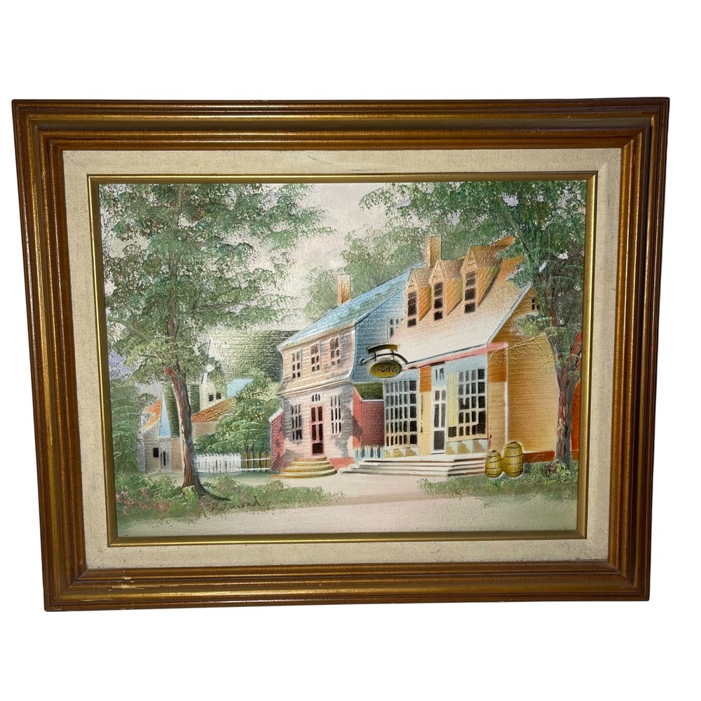 Vintage Colonial Williamsburg Village Oil Painting Signed Wood Gold Frame 21x17